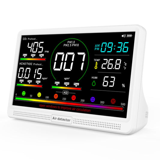 16-in-1 Air Quality Monitor Indoor, 7" Display with 9 AQI Metrics & 7 AQI Alarms, Monitors CO2, PM2.5, PM1.0, PM10, HCHO, TVOC, Temperature, Humidity & AQI, Time, for Home,Office, Car, Plants & Pets