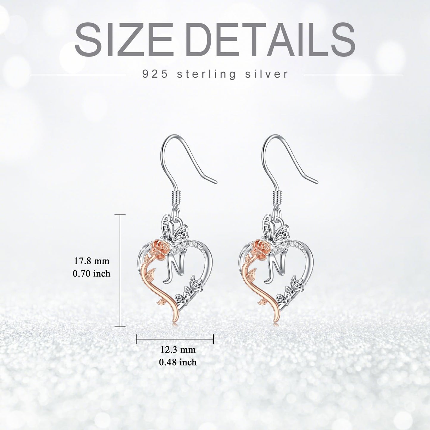 TOUPOP Rose Heart Initial Earrings Sterling Silver Butterfly Earring Initial N Letter Drop Dangle Earrings Jewelry Anniversary Birthday Mothers Day Gifts for Women Mom Wife Girlfriend Her