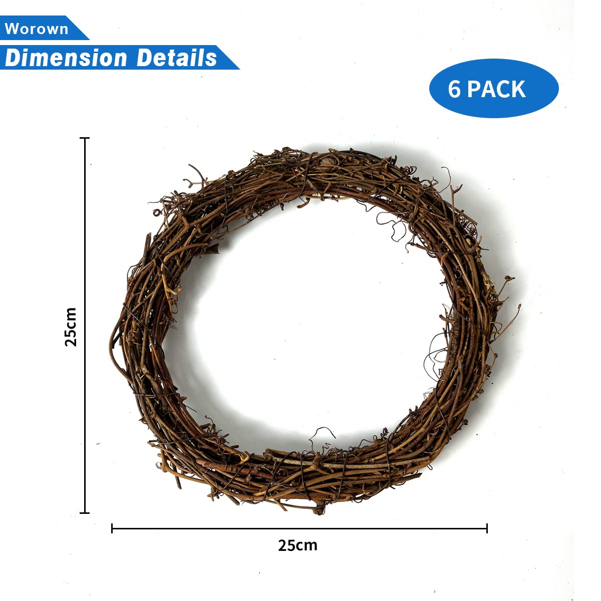 Worown 6 Pcs 10 Inch Natural Grapevine Wreaths, Vine Branch Wreath, Rattan Wreath for DIY Christmas Craft, Front Door Wall Hanging, Wedding and Party Decors