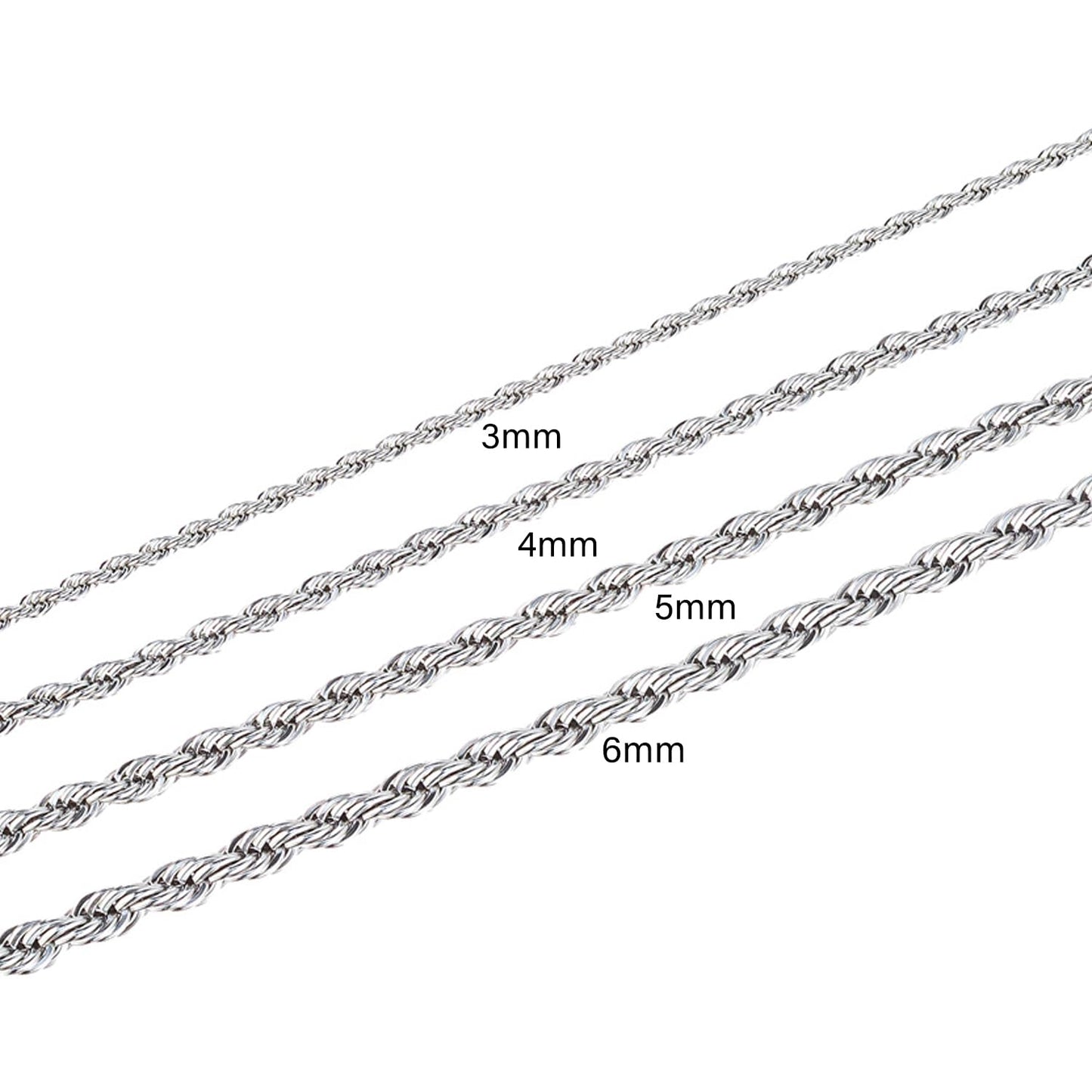 yipima Stainless Steel Rope Link Chain Bracelet for Women Men, Silver Tone / 14K gold Plated 3/4/5/6mm wide Rope Chain Bracelets, 7.5" or 8.3" (stainless steel-3mm, 8.3)