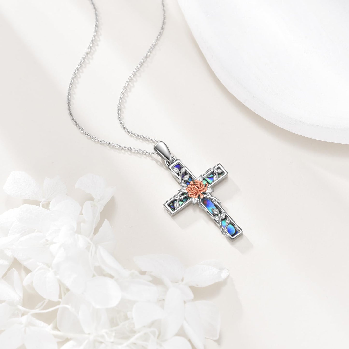 YFN Chrysanthemum Cross Necklace Sterling Silver Flower Cross Pendant Abalone Shell Jewelry Religious Christian Baptism Gifts for Her Women
