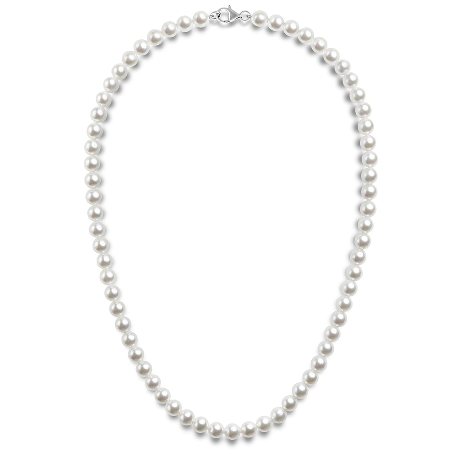 PAVOI 925 Sterling Silver Round White Simulated Shell Pearl Necklace Strand | Pearl Choker Necklace | Jewelry for Women - 22" Length (6mm)