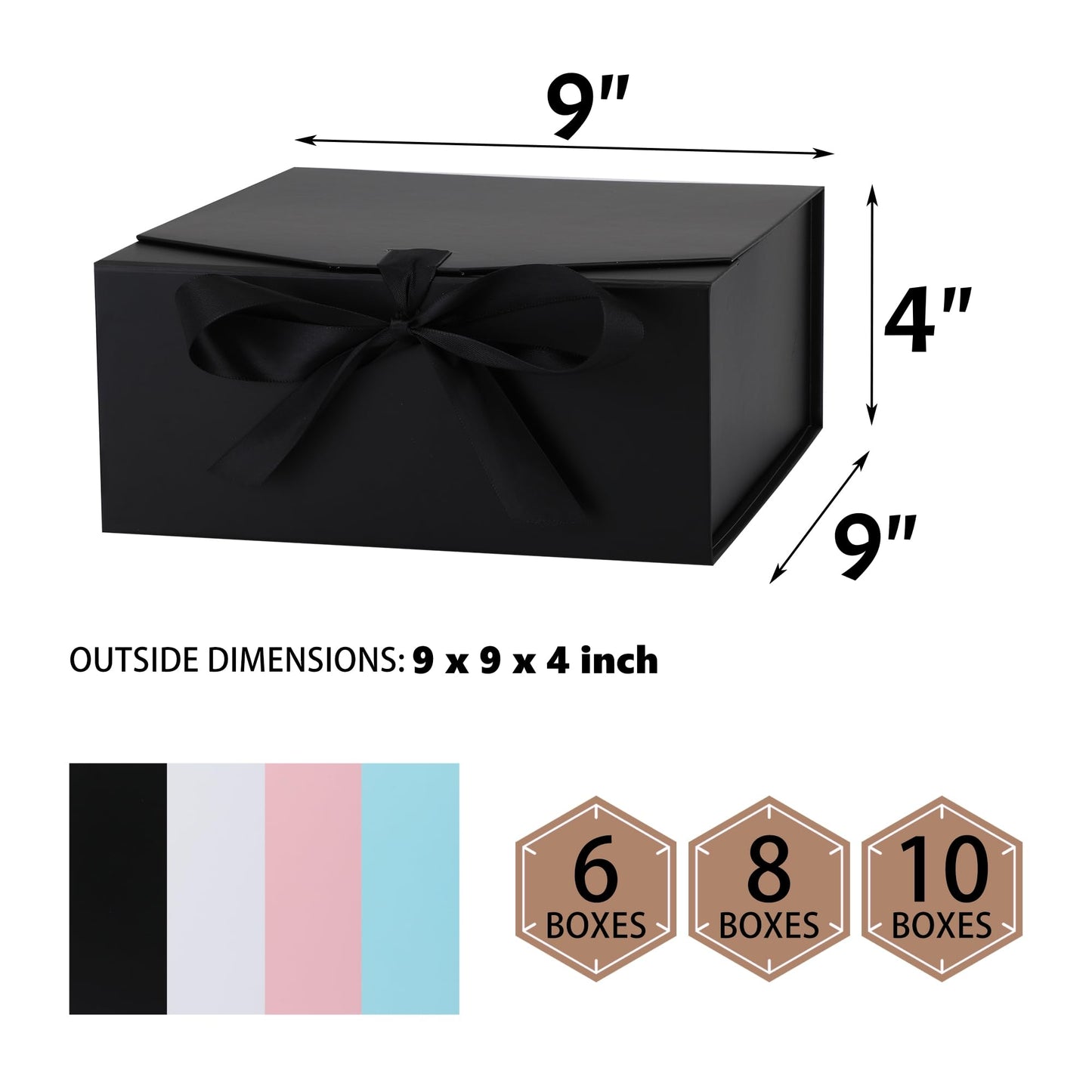 OEMVALATY 6-Pack Gift Boxes,9x9x4 Inch Magnetic Gift Boxes with Lids for Presents,Black with Ribbon, Bridesmaid Proposal Box for Wedding, Storage, Birthday
