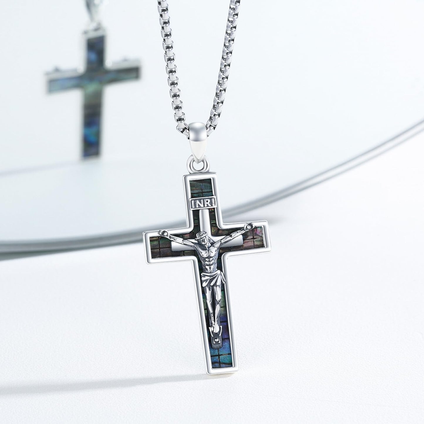 YEESIA Cross Necklace for Women Men 925 Sterling Silver Jesus Crucifix Pendant Necklace with Abalone Cross Jewelry Gift for Women Men