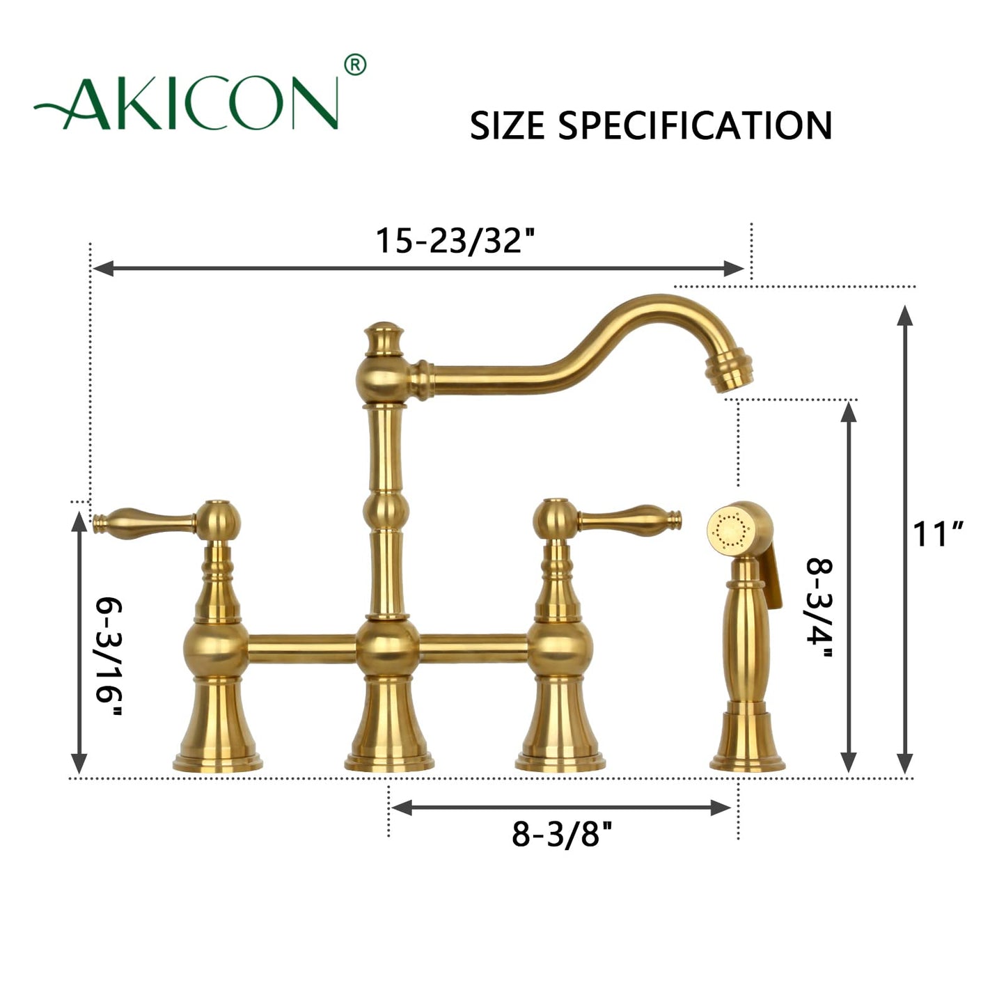 Akicon Two-Handles Bridge Kitchen Faucet with Side Sprayer (Brushed Gold)