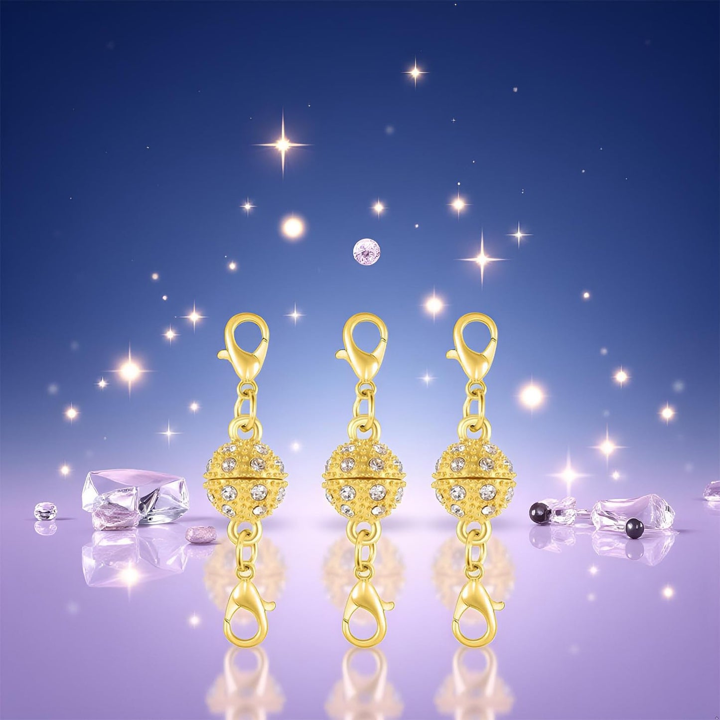 Magnetic Necklace Clasps, 18K Gold and Silver, Crystal Rhinestone Ball Connector with Lobster Clasp, Jewelry Extender for Necklaces, Bracelets (6pcs Golden Silvery)