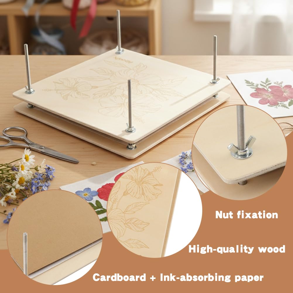 Flower Press Kit,Craft Kits 11"x11" 6 Layers Wooden Flower Pressing Kit with Storage Bags for DIY Floral Art,Dried Flowers Plant Wedding Bouquet Preservation Kits(wood,Size:27.43*27.43*0.5cm)