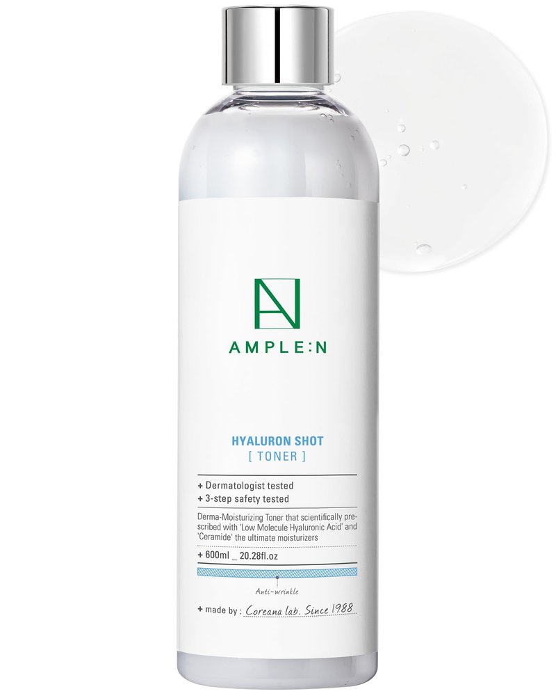 Ample:N Hyaluron Shot Toner – Korean Hyaluronic Acid and Ceramide Hydrating Face Toner - Moisturizing Essence for Minimizing Wrinkles – Dewy Healthy Glow Skin Booster for Dry Skin, 20.3 fl.oz.