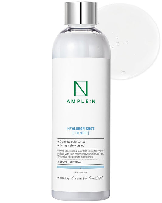 Ample:N Hyaluron Shot Toner – Korean Hyaluronic Acid and Ceramide Hydrating Face Toner - Moisturizing Essence for Minimizing Wrinkles – Dewy Healthy Glow Skin Booster for Dry Skin, 20.3 fl.oz.