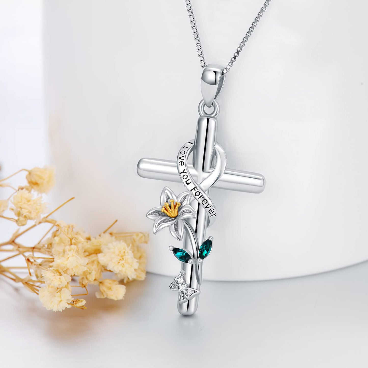 Flpruy Lily Necklace 925 Sterling Silver May Birth Flower Pendant Necklace Birth Month Flower Pendant Cross Necklace Birthday Jewelry Gifts for Women Her Mom