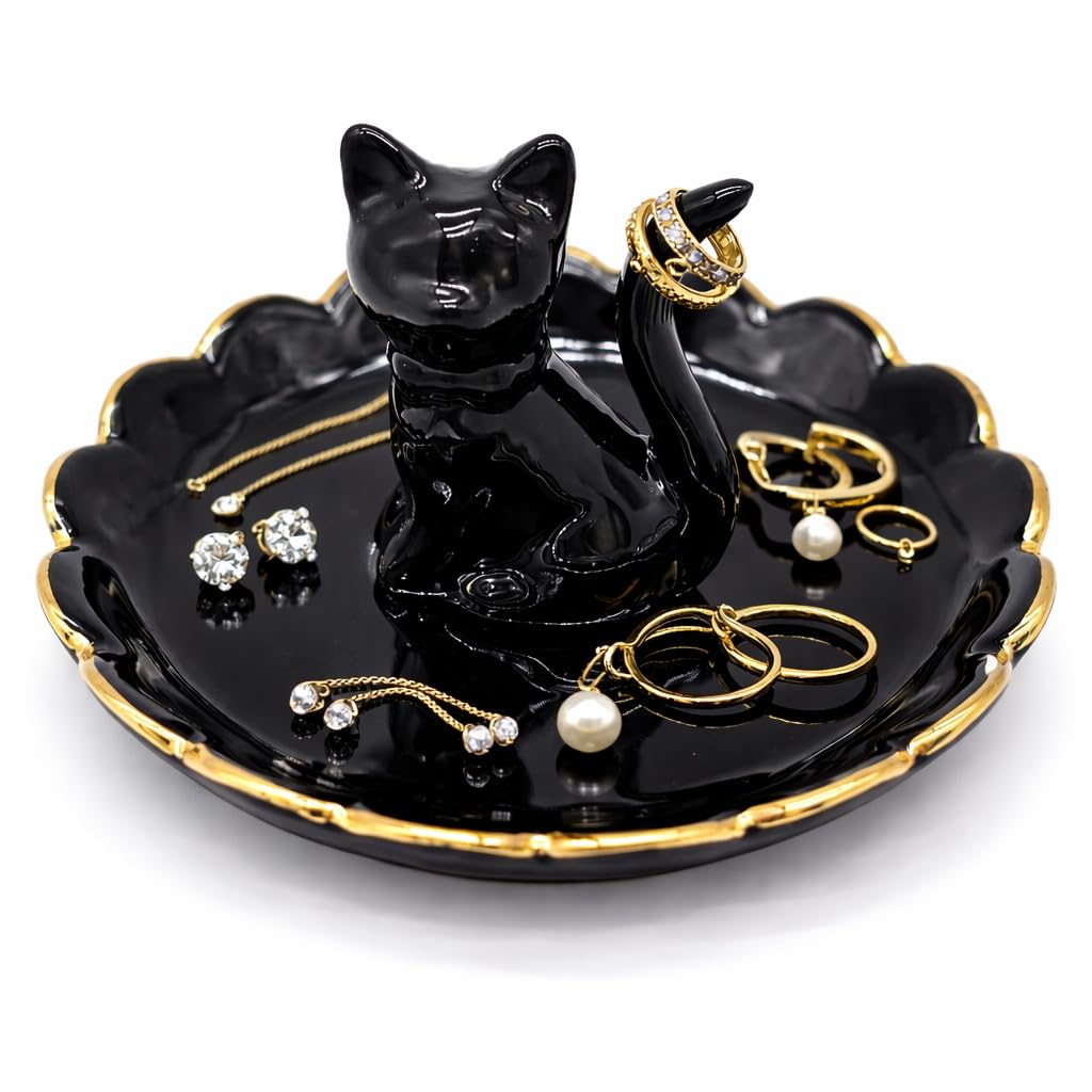 ROSA&ROSE Cat Ring Holder Trinket Tray Ceramic Jewelry Dish Porcelain Ring Organizer,Gift for Women,Girlfriend,Wife,Birthday or Anniversary(Black bow)