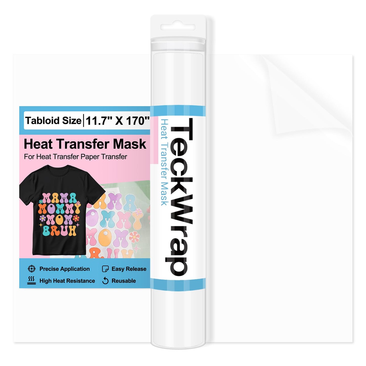 TECKWRAP Heat Transfer Mask for Heat Transfer Paper for T-Shirts 1 roll, 11.7" X 170" Masking Film Clear Iron on Transfer Tape for HTV Printable Heat Transfer Vinyl