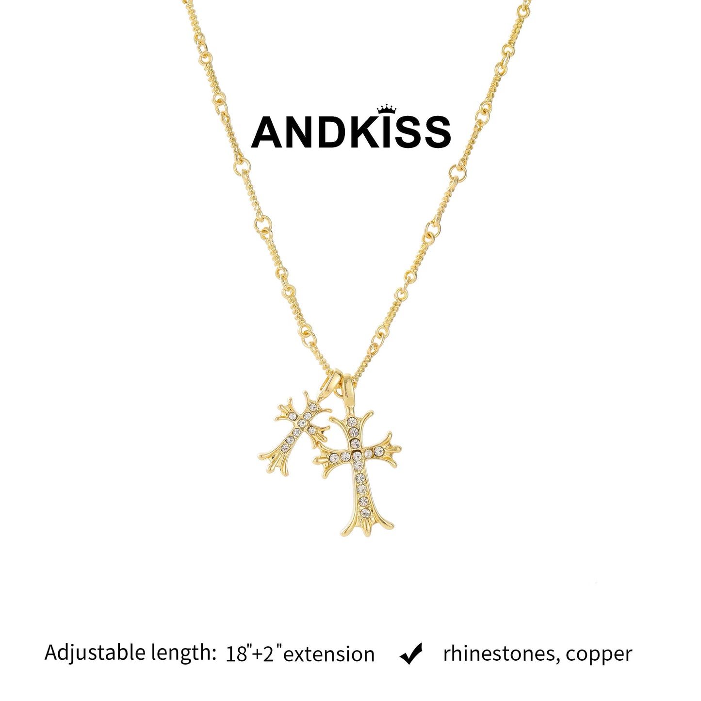 ANDKISS Cross Necklaces for Women - Dainty Cross Necklace 14k Gold Plated Necklace Simple Gold Charm Jewelry For Women (Double Cross)