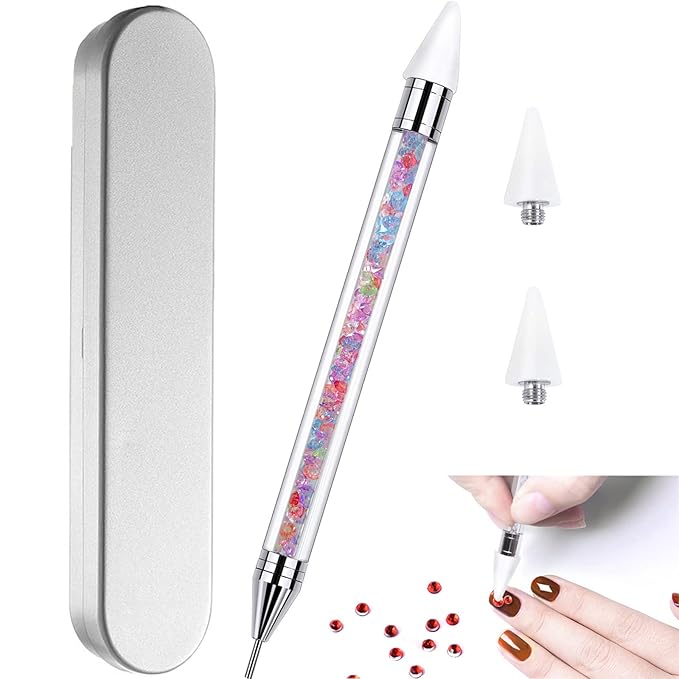 Nail Rhinestone Picker Dotting Tool with Extra 2 Wax Head, Dual-ended DIY Nail Art Tool With Pink Acrylic Handle,Colorful