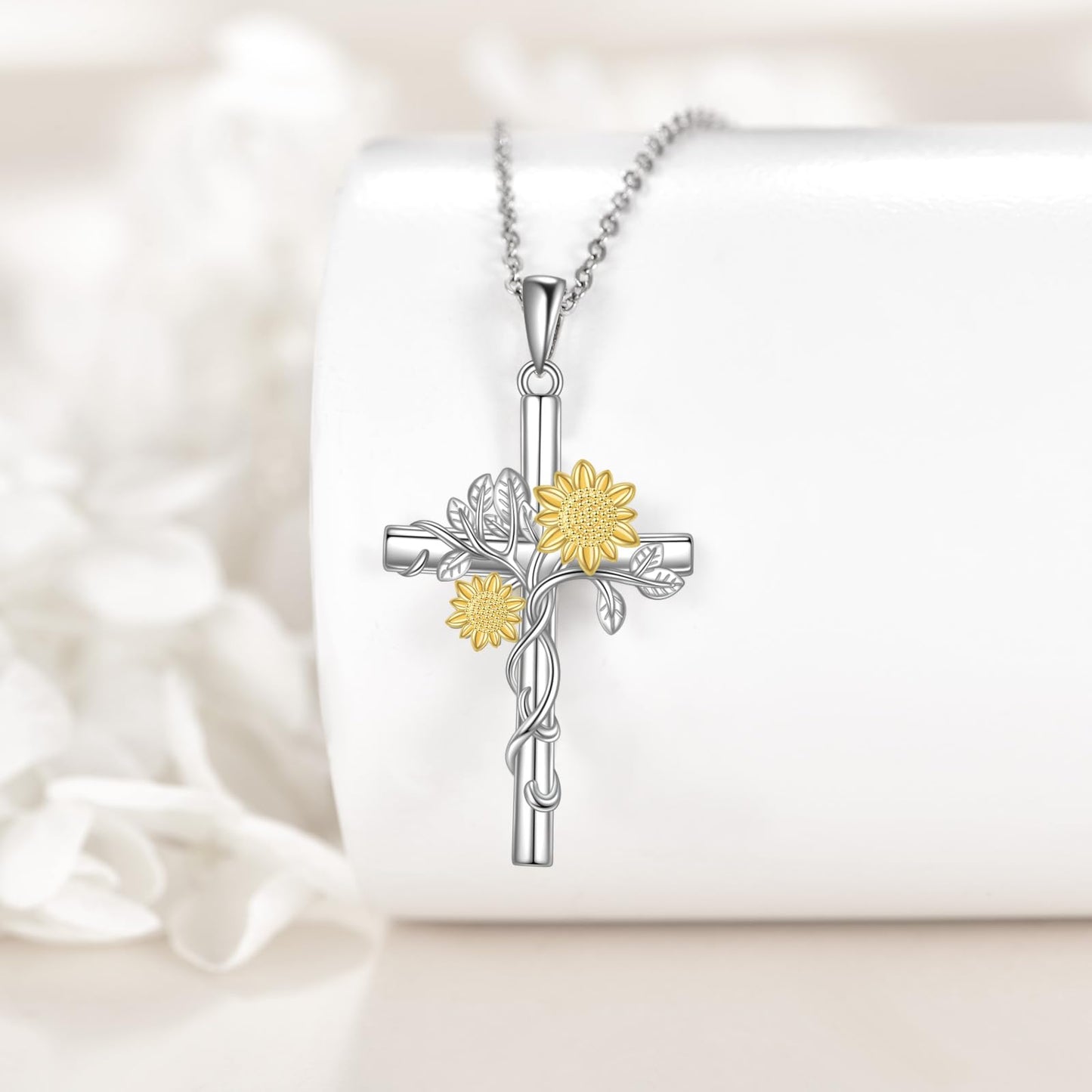 POPLYKE Cross Sunflower Necklace for Women 925 Sterling Silver Cross Necklace Sunflower Pendant Sunflower Jewelry for Women