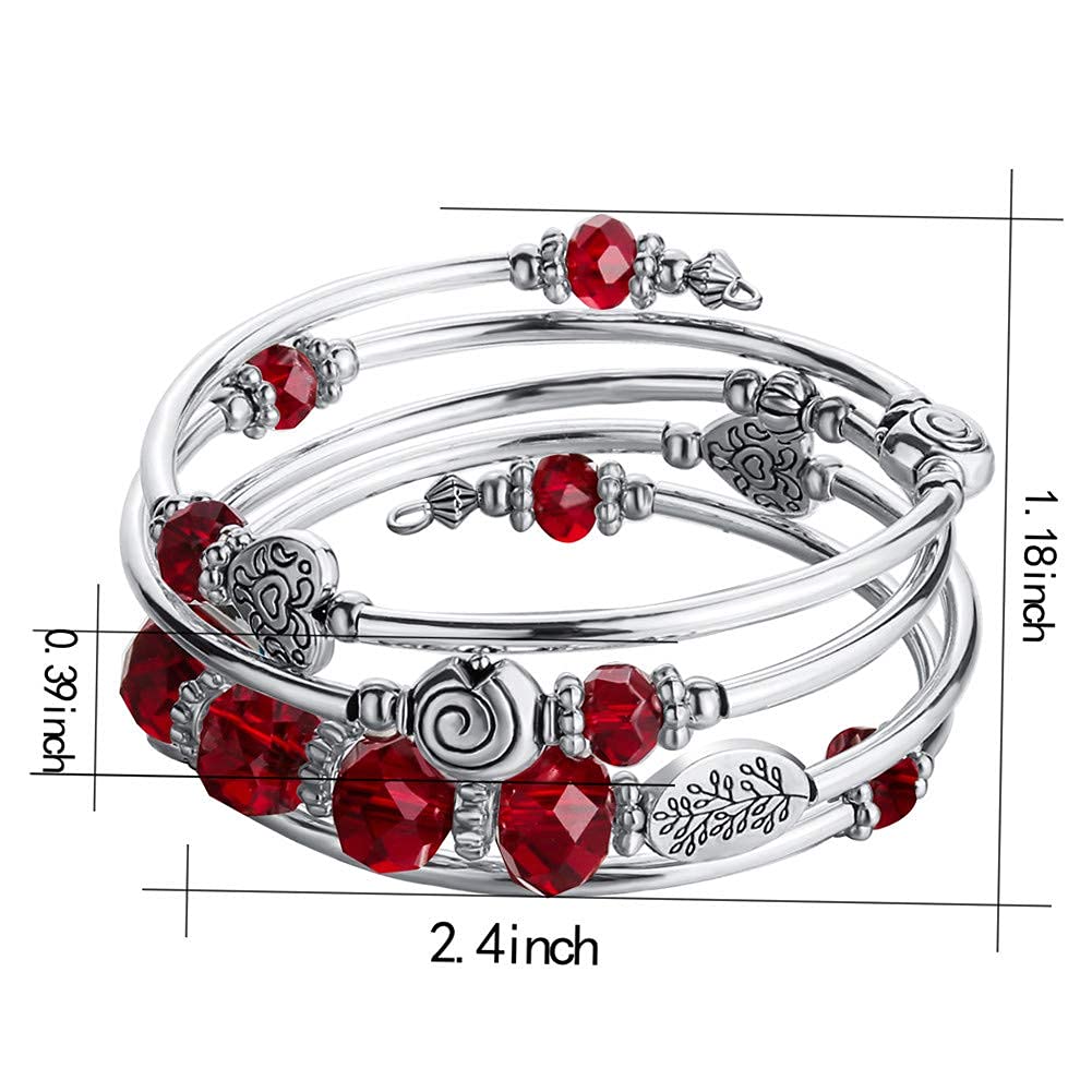 PEARL&CLUB Bead Crystal Wrap Bangle Bracelet - Fashion Jewelry Beaded Bracelet with Silver Metal, Gifts for Women(23-Red)
