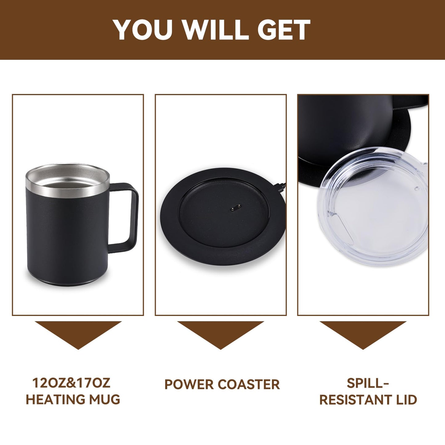 Smart Electric Heated Mug with 10Hrs Auto Shut Off, Coffee Warmer with Mug Set, USB Powered Self Heating Coffee Cup 12oz-Black