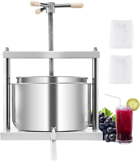VEVOR 3.17 Gal/12L Fruit Wine Press, 2 Stainless Steel Barrels, Manual Juice Maker, Cider Apple Grape Tincture Honey Olive Oil Making Press with Triangular Handle for Outdoor Kitchen Home