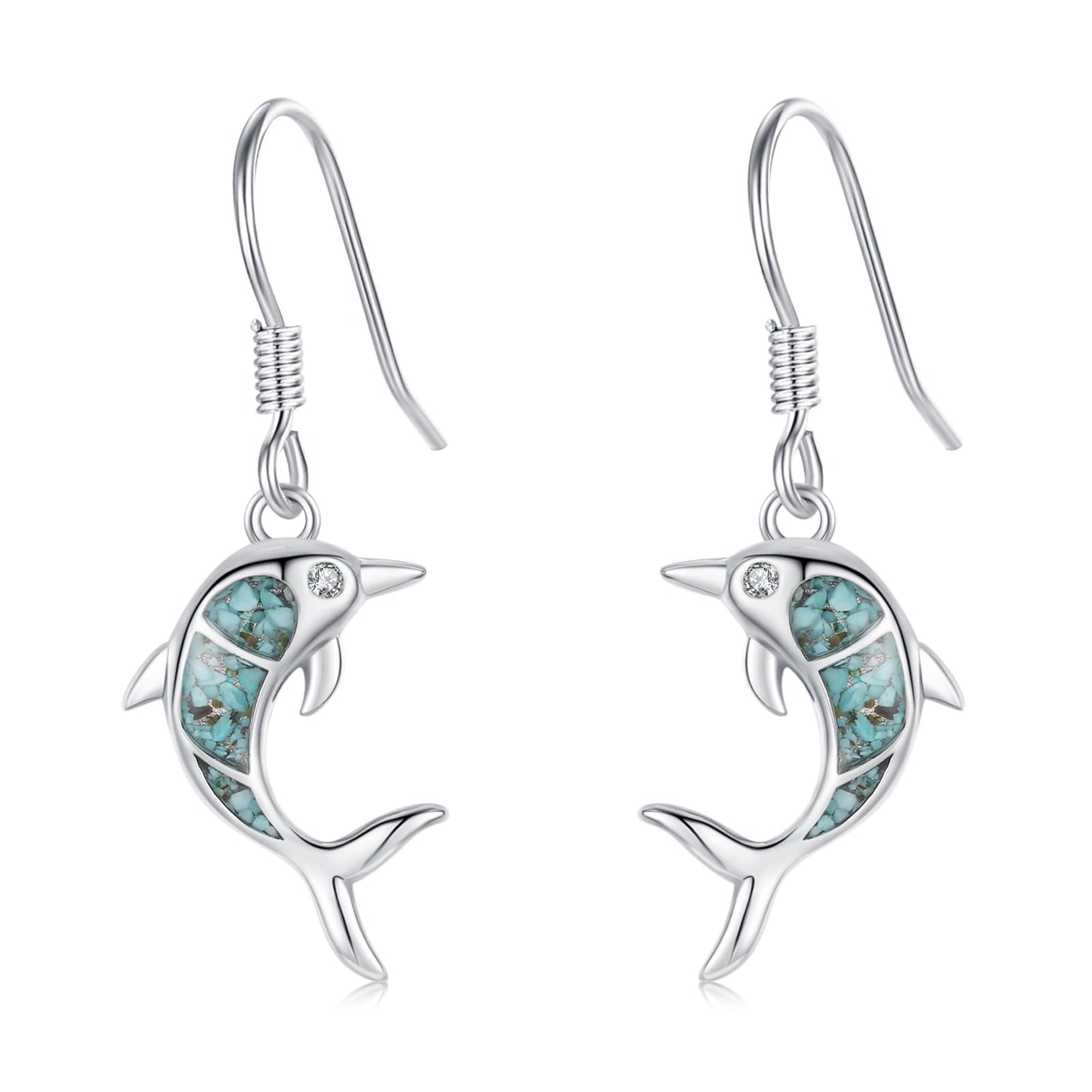 Dolphin Earrings for Women 925 Sterling Silver Turquoise Sea Animal Dangle Drop Earrings Beach Themed Ocean Jewelry Dolphin Gifts for Daughter
