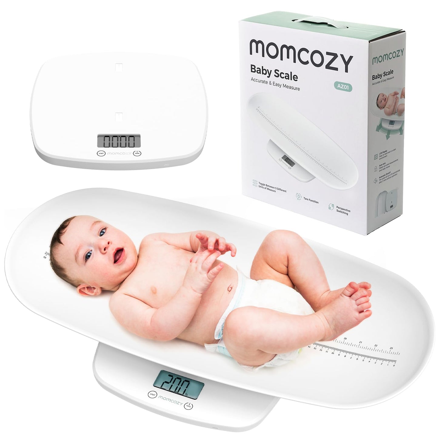 Momcozy Baby Scale, Multi-Function Scale for Body Weight&Height Measurement, Large Capacity for Toddler&Children&Pet&Adult, Perspectives Switch, Removable Tray, 5 Units, Digital LED Screen, Auto-Off