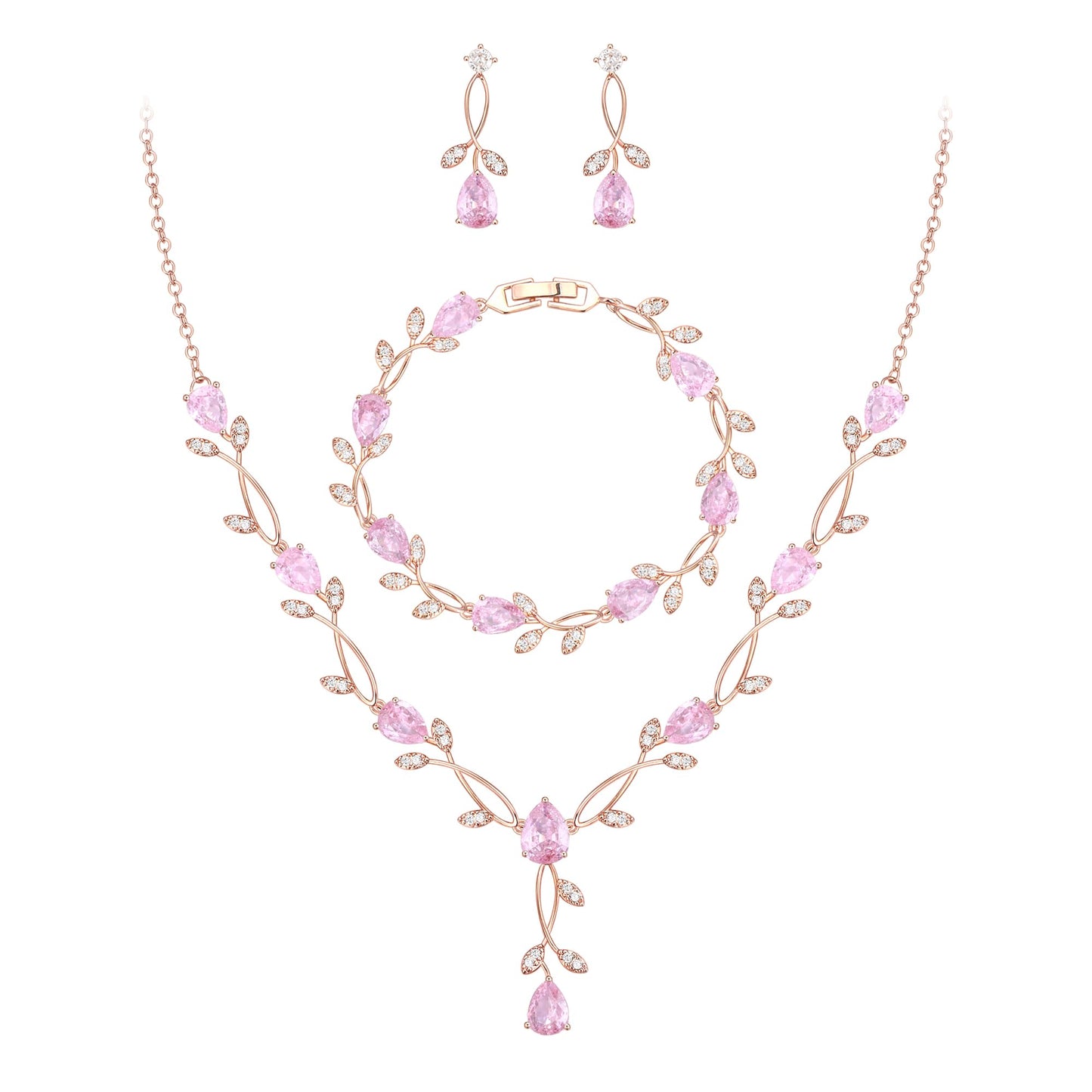 EVER FAITH Wedding Prom Jewelry Set for Bridesmaid, Pink Teardrop Cubic Zirconia Rose Gold-Plated-Brass Bridal Party Necklace Dangle Earrings Bracelet Sets for Women Gift for Mother Friend Wife