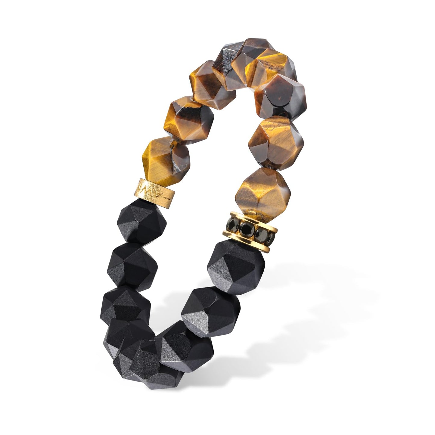 AWNL Men's 10mm Beaded Bracelet for Men with Brown Tiger Eye and Black Onyx Bracelet Energy Healing Double Protection Chakra Bracelet with Lucky Wheel Charms