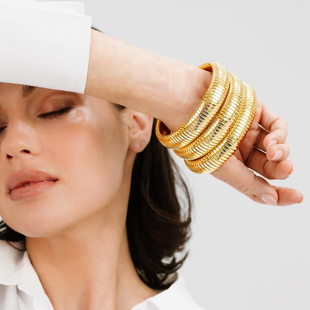 JUNYANGY Gold Bangles for Women Set of 3 Chunky Stretch Bangles Bracelets 24K Gold Plated Stainless Steel Bracelets Flexible Wide Stack Bracelets Designer Look Alike Jewelry for Women (12mm Gold)