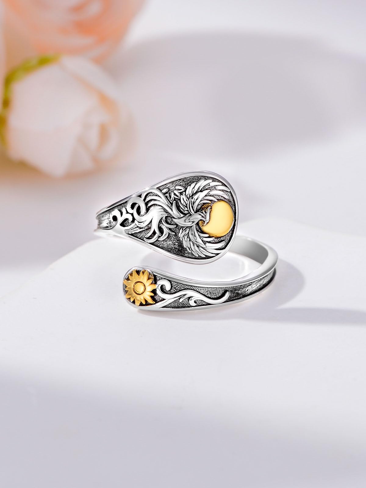 Midari Phoenix Rings 925 Sterling SilverAdjustable Phoenix and Sun Spoon Rings Vintage Finger Open Thumb Rings Jewelry Gifts For Women Christmas Birthday Gifts