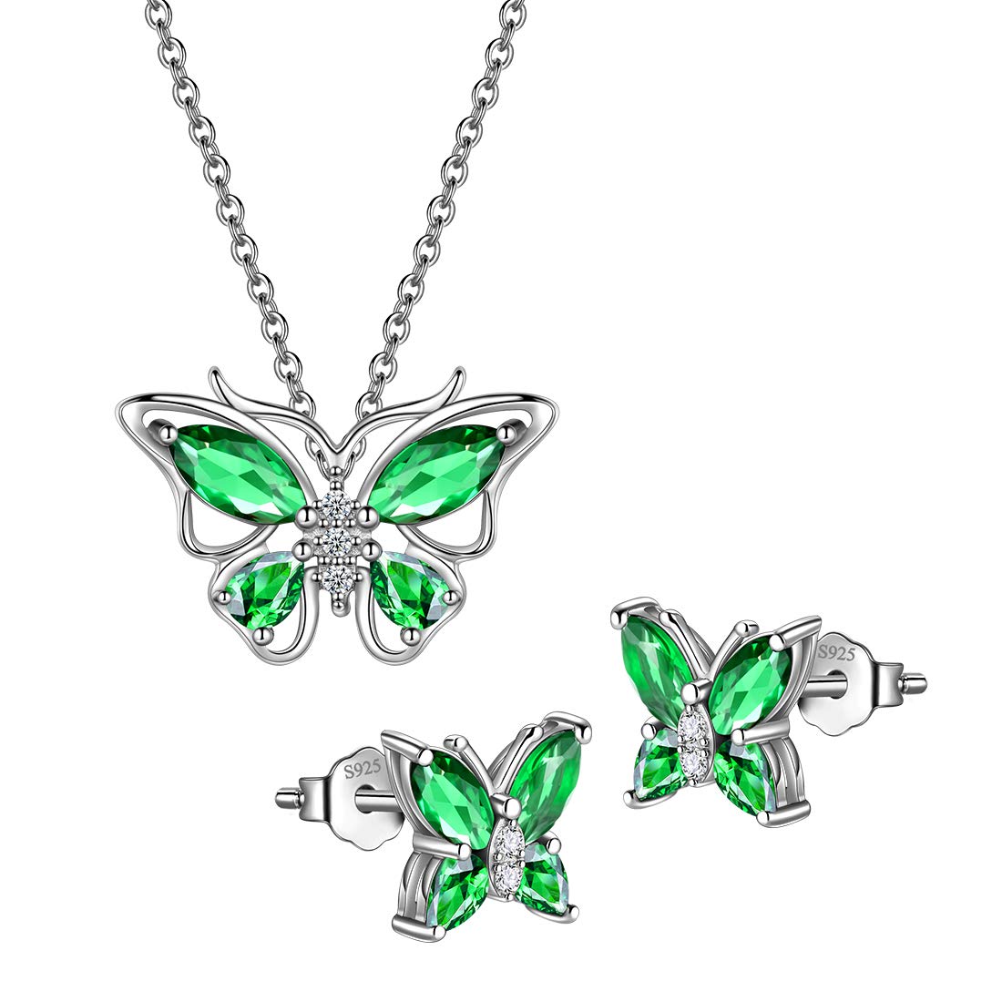 Hipunk Butterfly Green Jewelry Sets Birthstone Women 925 Sterling Silver May-Emerald Birth Stone Animal Butterflies Jewelry Sets/Earring Set Crystal Birthday Jewelry SS0001G