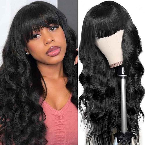 Sooolavely 20 Inch Body Wave Wigs with Bangs Human Hair Wig for Women Machine Made None Lace Front Wigs 180% Density Brazilian Virgin Human Hair Glueless Wig with Adjustable Drawstring Natural Color