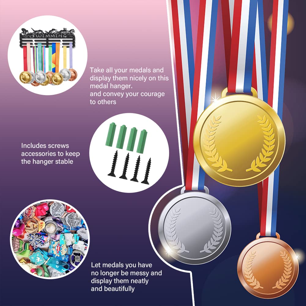 SUPERDANT Swimming Medal Holder Display Hanger Rack Sports Metal Wall Mount Ribbon Award Holder Display Rack Swim Race Medal Hanging Organizer Gifts for Kids Athletes Swimmer 15.75x6in
