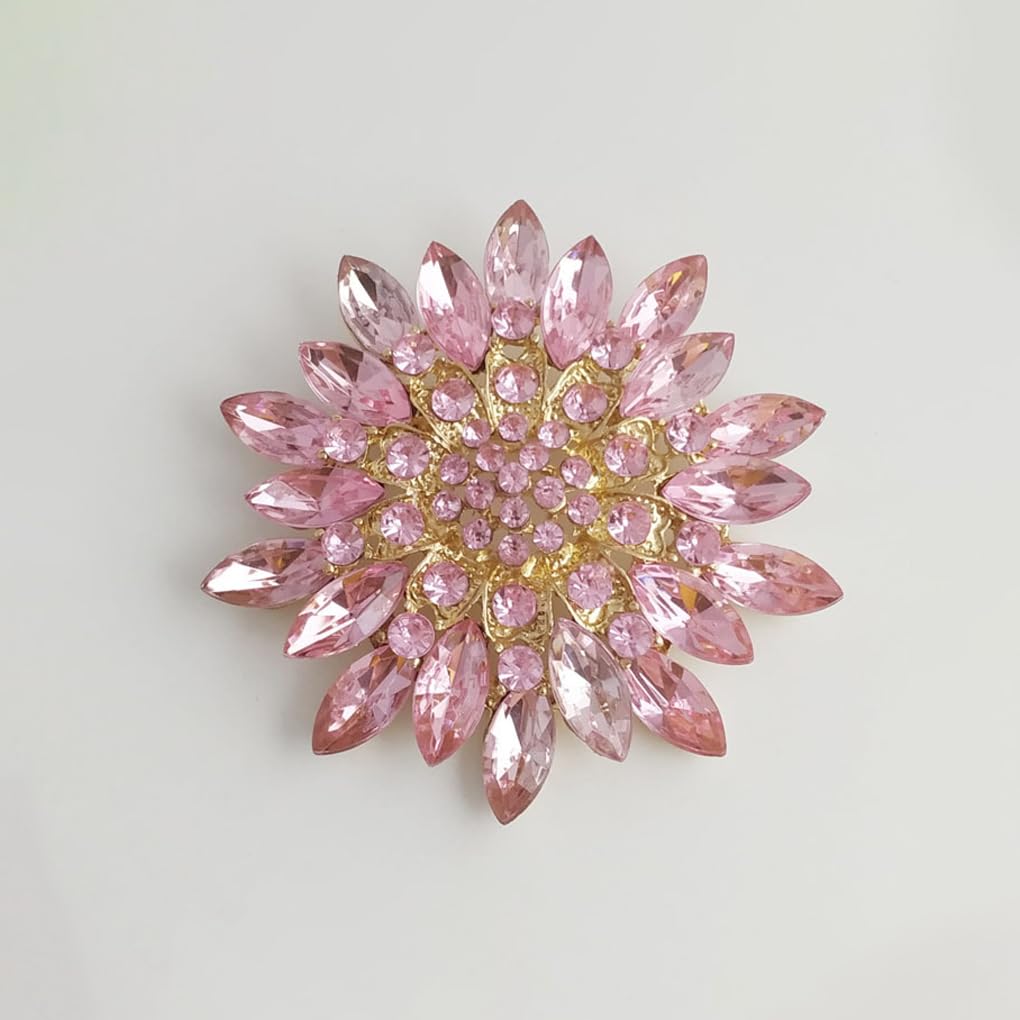 Rhinestone Large Flower Brooches Pins for Women Fashion Sparkly Crystal Sunflower Statement Brooch Wedding Party Suit Dress Formal Jewelry Accessories (pink)