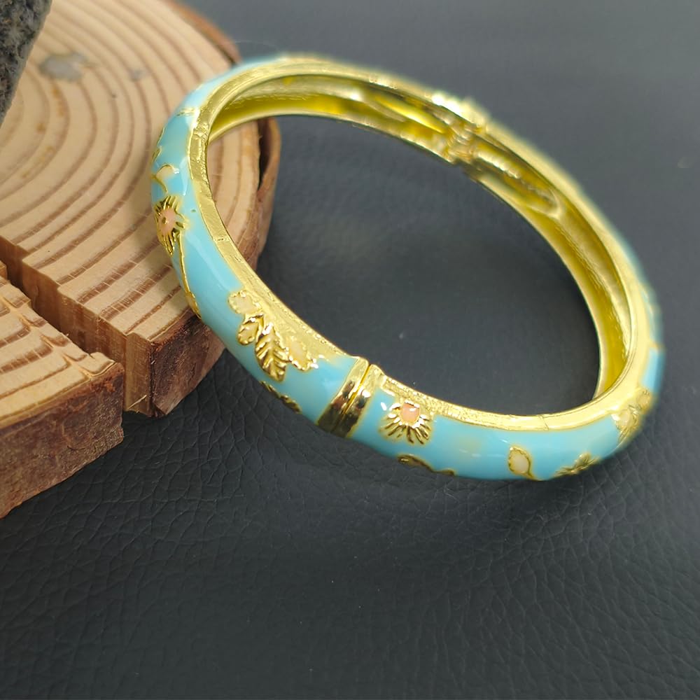 Cloisonne Bracelet For Women, Chunky Bangle Trendy Cute Flower Enamel Bangles Multi Tone Engraved Cuff Gold Plated Bracelets Stackable Wife Jewelry Friendship Gift (Blue&Pink Set, One Size)