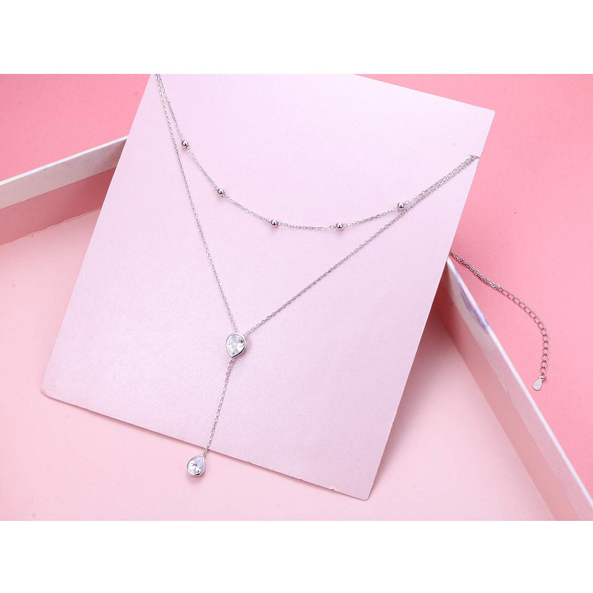 FLYOW S925 Sterling Silver Double Layered Necklace Teardrop CZ Choker Y Lariat Necklace Birthday Gifts for Women Wife Fiancée