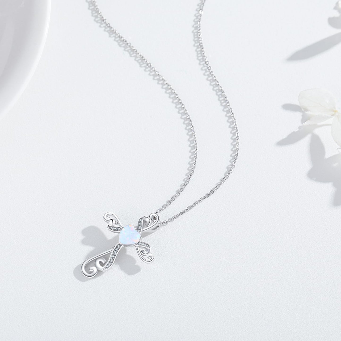 Twoowl Cross Necklace 925 Sterling Silver Opal Necklace Cross Crucifix Pendant Christian Catholic Religious Jewelry Gifts for Women