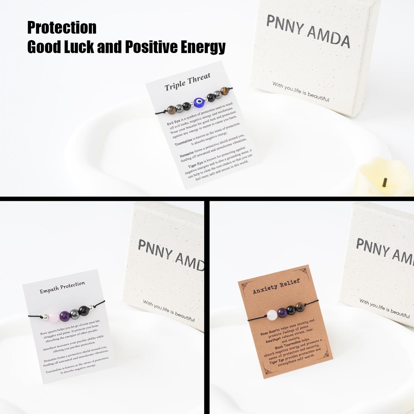PNNY AMDA Protection Bracelets for Women: Black Obsidian Tourmaline Hematite Evil Eye Beaded Bracelets – Anxiety Bracelet for Women Men Courage Gifts