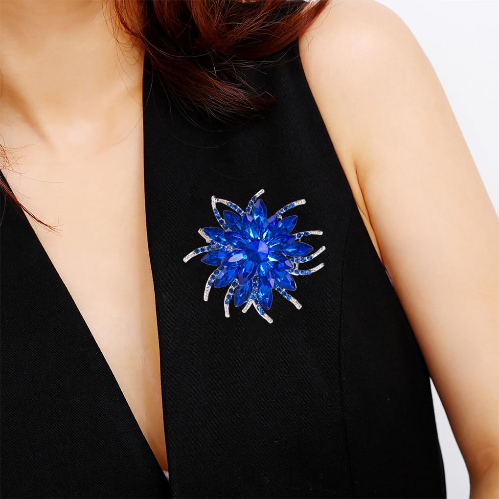 Rhinestone Large Flower Brooches Pins for Women Fashion Sparkly Crystal Sunflower Statement Brooch Unique Wedding Party Suit Dress Jewelry Accessories (Blue2)