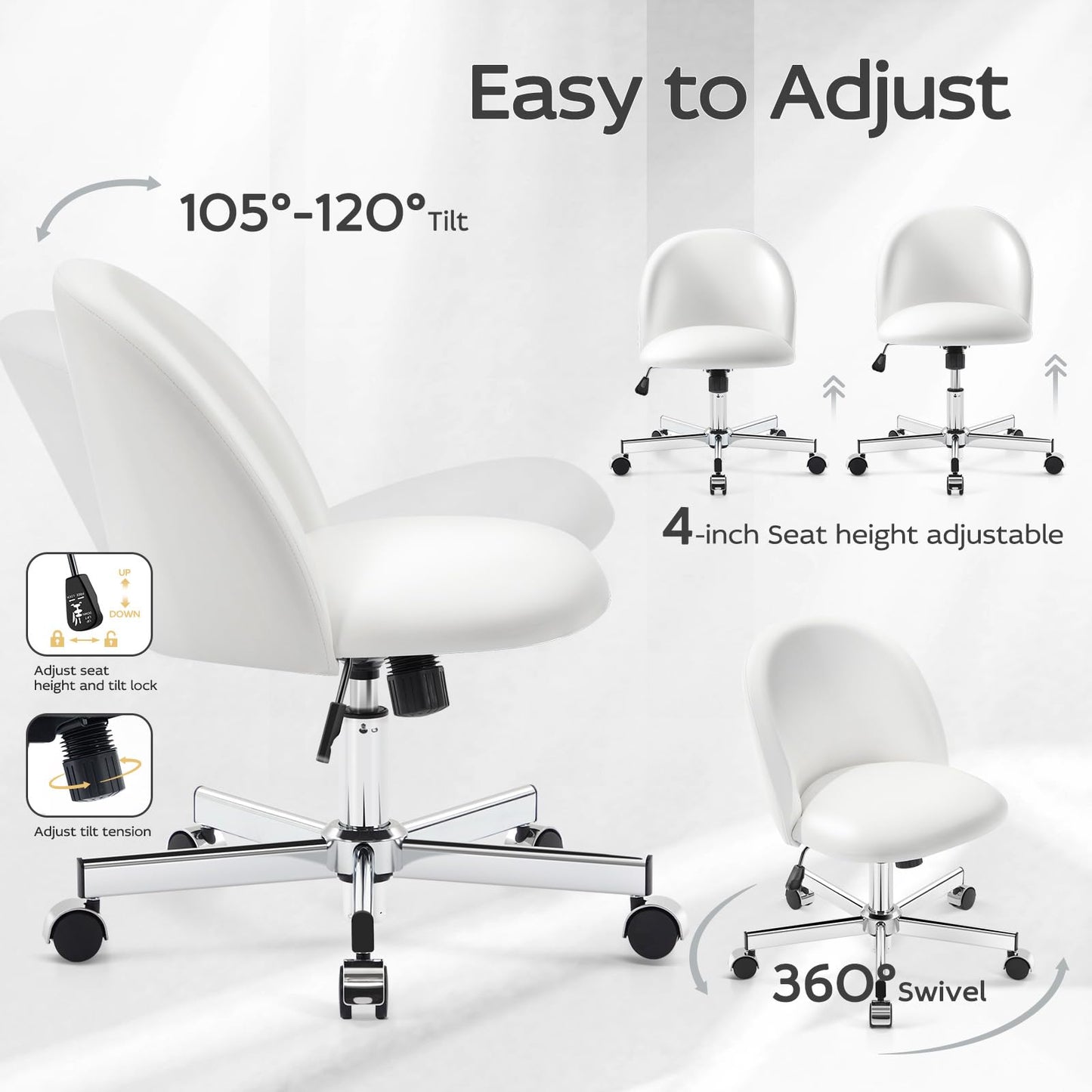 Morkprism Vanity Chair with Back,Armless Desk Chair Cute Small Office Chair,Leather Computer Chair with Adjustable Height,120°Tilting,Rolling,Swivel for Vanity,Kids Room,Office,Bedroom Pearl White