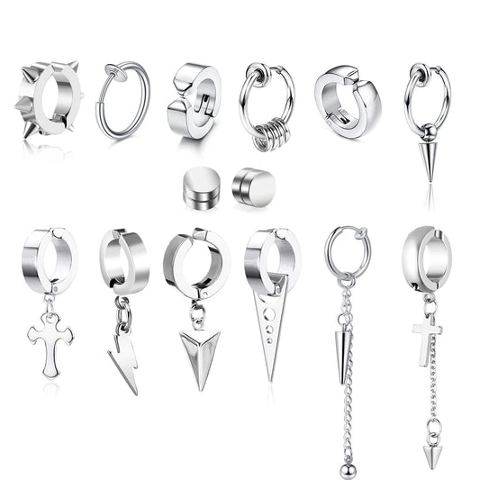 14 Pcs Silver Punk Stainless Steel Fake Piercing Spike Rivet Cross Triangle Dangle Tassel Clip on Hoop Earrings Set for Women Men, Non Pierced Fake Stud Earrings (Silver-Set A)