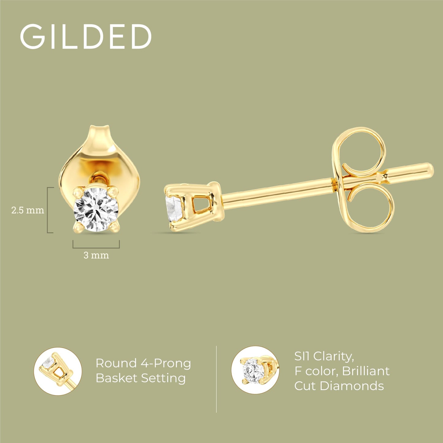 Gilded 1/10 Carat Total Weight Lab-Grown Diamond 14KT Gold Plated Silver Stud Earrings for Women| Hypoallergenic Fine Jewelry | 4-Prong Basket, Push Back Nut | SI1 Clarity, F Color, Round Cut