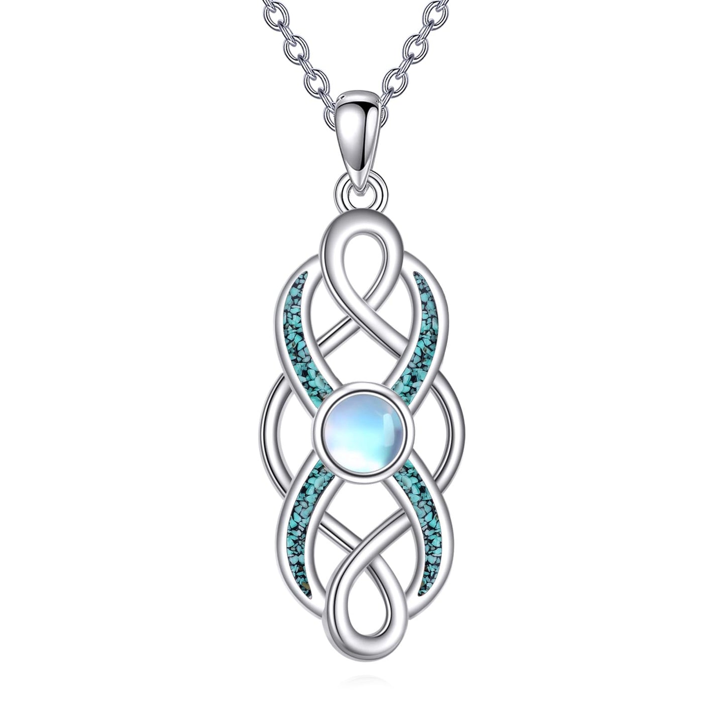 YFN Pearl Celtic Necklace S925 Sterling Silver for Women, Anniversary Irish Celtic Knot Jewelry Present for Women, Birthday Gifts (Turquoise Moonstone Celtic Knot Necklace)