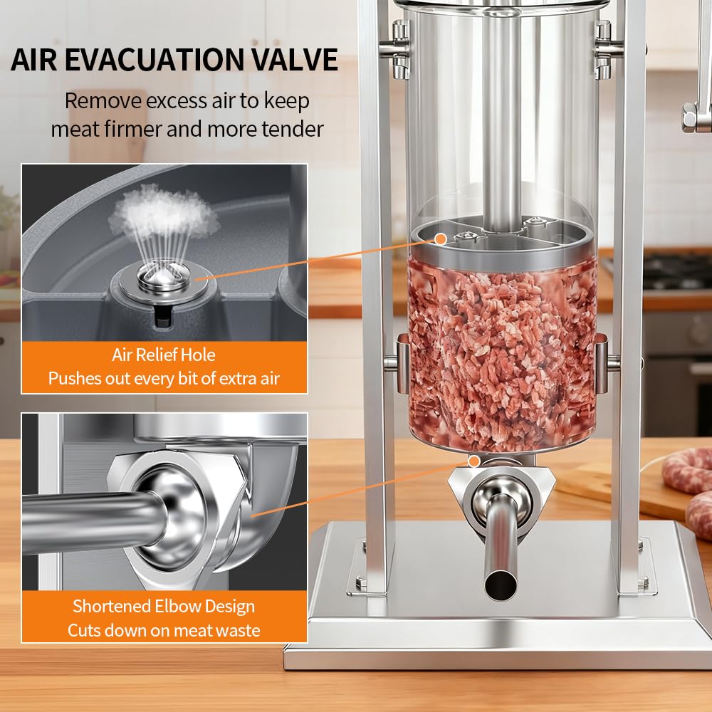 BOOROS Manual Sausage Stuffer 5L/11Lbs Vertical Meat Stuffer 304 Stainless Steel Sausage Maker,Dual Speed, Hand Crank Operation,Easy-clean,Comes Equipped with 4 Stuffing Tubes for Kitchen Restaurant