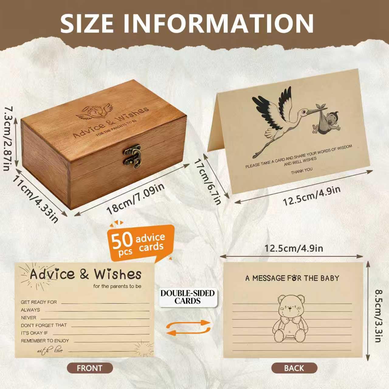 Natural Wooden Baby Shower Keepsake Box with 50 Pcs Advice & Wishes Kraft Cards - Elegant Guest Book Alternative – Rustic Time Capsule Memories Box for New Parents, Mom & Dad to Be Gifts (Set)