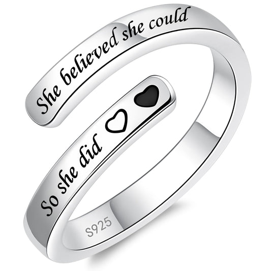 925 Sterling Silver Inspirational Jewelry Adjustable Wrap Open Ring Encouragement Gift for Women(She believed she could So she did)