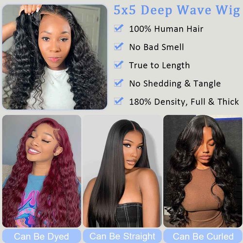 Pinketer Glueless Wigs Human Hair Pre Cut 5x5 Lace Closure Deep Wave Wig 180% Density Wear and Go Human Hair Curly Wigs for Black Women Natural Black Color Small Head Friendly 26Inch