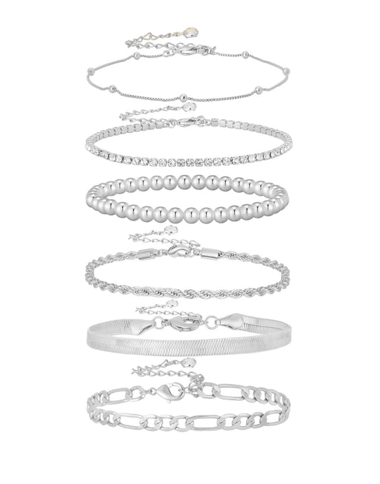 A ALARTAN Gold Bracelets for Women 14K Gold Plated Stack Trend Bracelets Charm Paperclip Chain Bracelet (6Pcs Beaded Silver)
