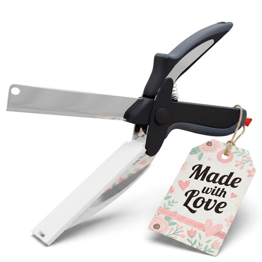 2 in 1 Cutting Board Scissors for Food - 9.6" Detachable Cheese Scissors with Cutting Board and Stainless Steel Blade - Easy-to-Use Veggie Cutter with Safety Lock, Suitable for Fruits and Vegetables
