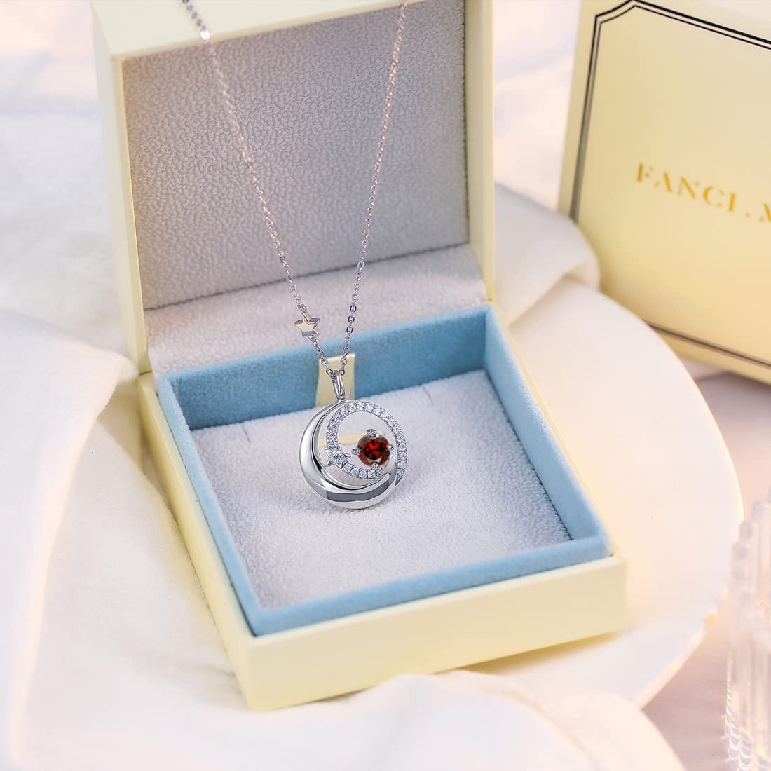 FANCIME Garnet January Birthstone Necklace for Women 925 Sterling Silver Moon Star Pendant Necklaces Red Gemstone Fine Jewelry Birthday Mothers Day Gifts for Women Mom Daughter
