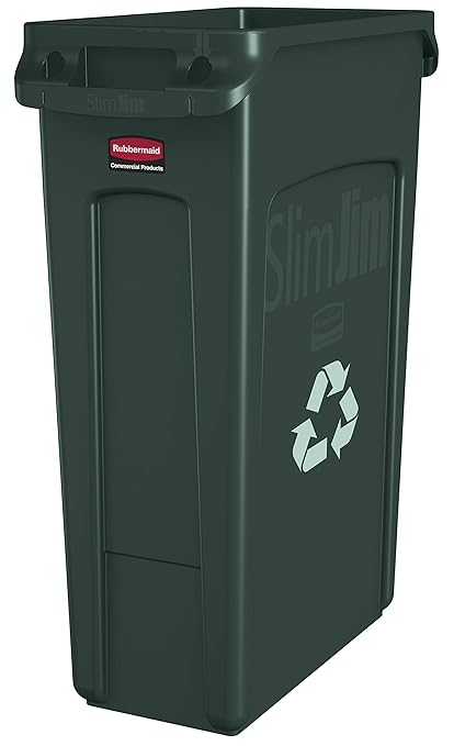 Rubbermaid Commercial Products Slim Jim Plastic Rectangular Recycling/Compost Bin with Venting Channels 23 Gallon Green Recycling (FG354007GRN)