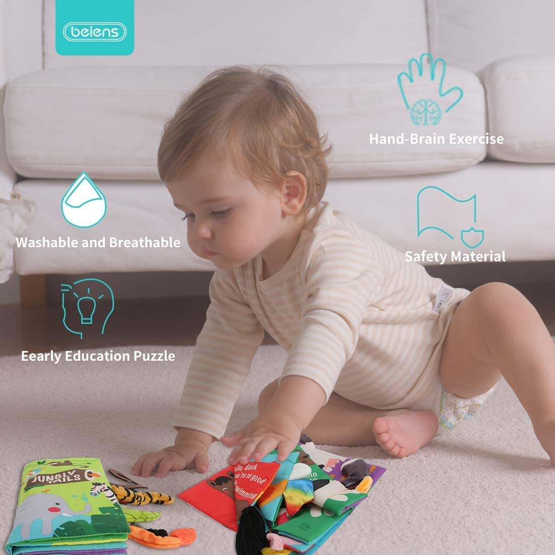 beiens Baby Books Toys, Touch and Feel Cloth Crinkle Soft Books, Toys for 0-3-6-12-18 Months Infant Newborn Baby Boy Girl Shower Gifts Set, Sensory Learning Stroller Toys (3PCS)